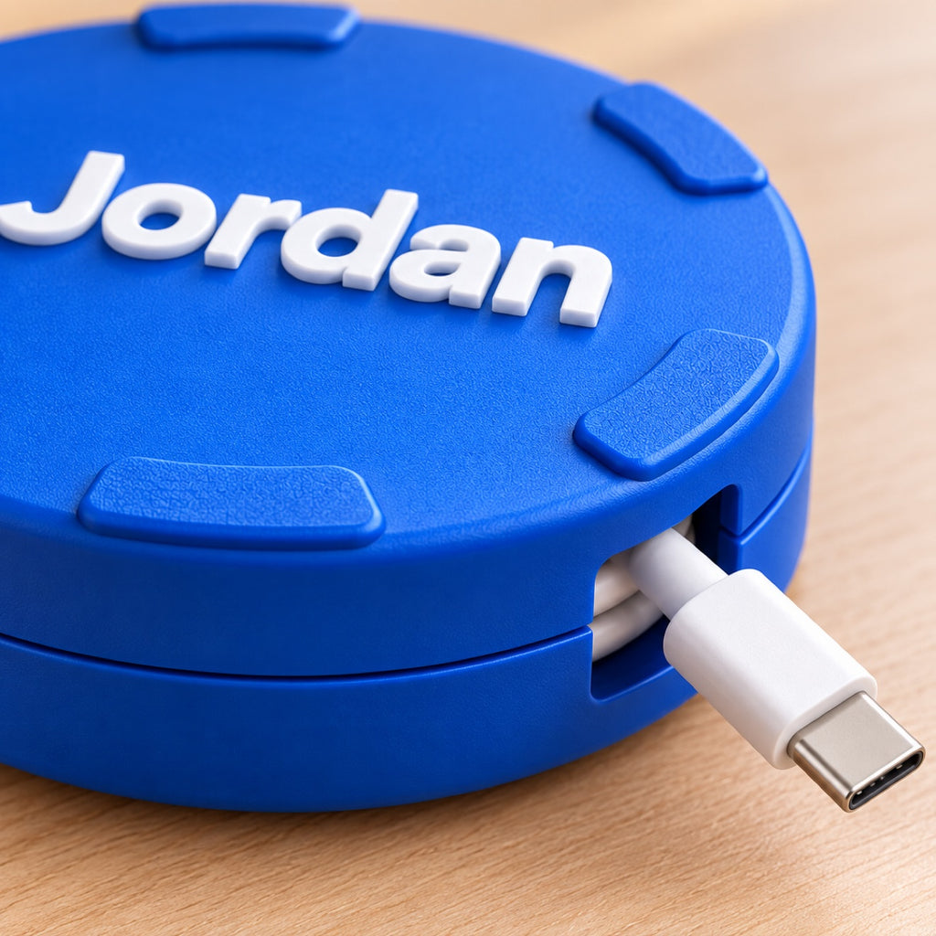 Personalized cable spool with the name Jordan, USB-C cable through side opening