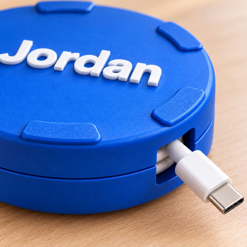 Personalized cable spool with the name Jordan, USB-C cable through side opening
