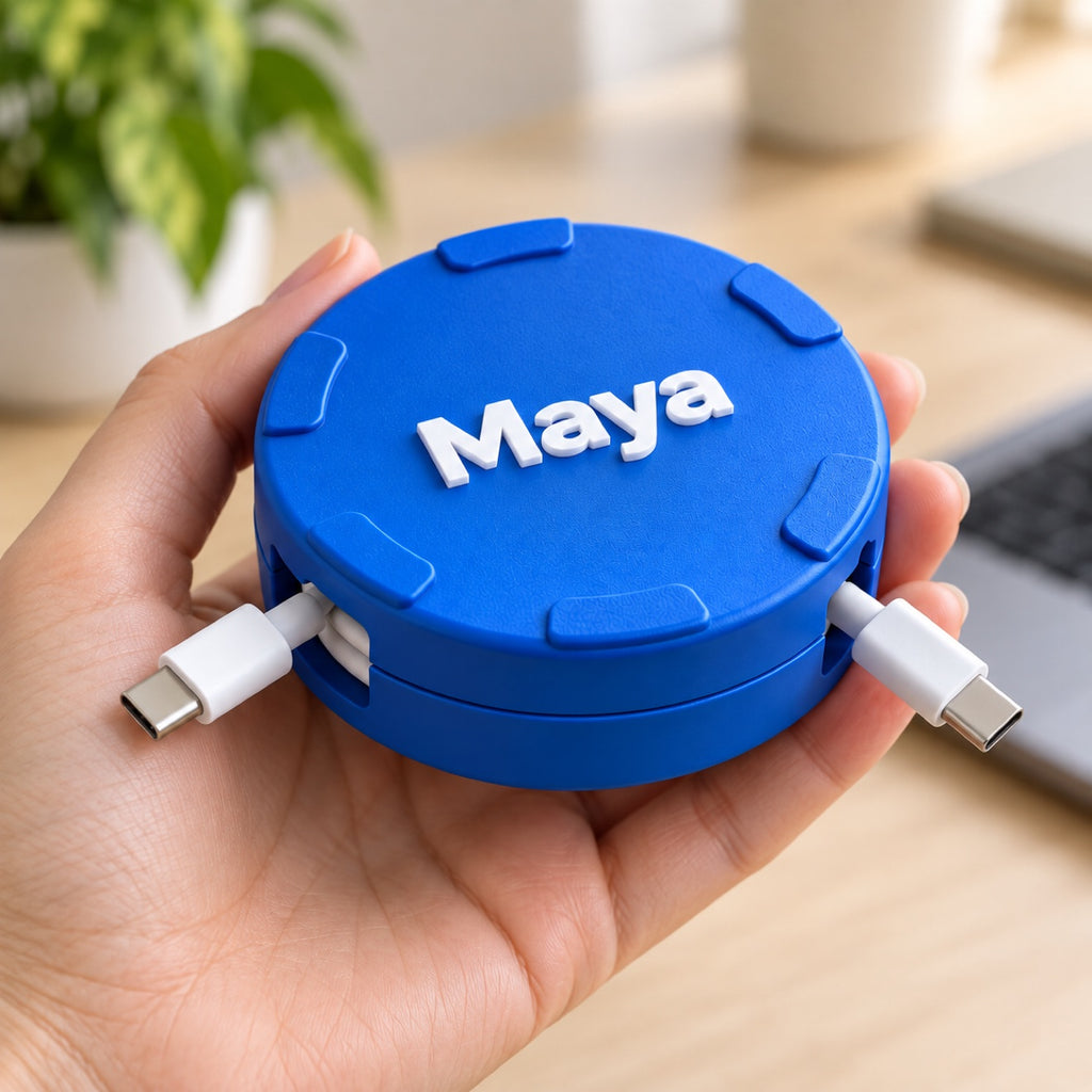 Hand holding the blue personalized cable spool, showing its compact size