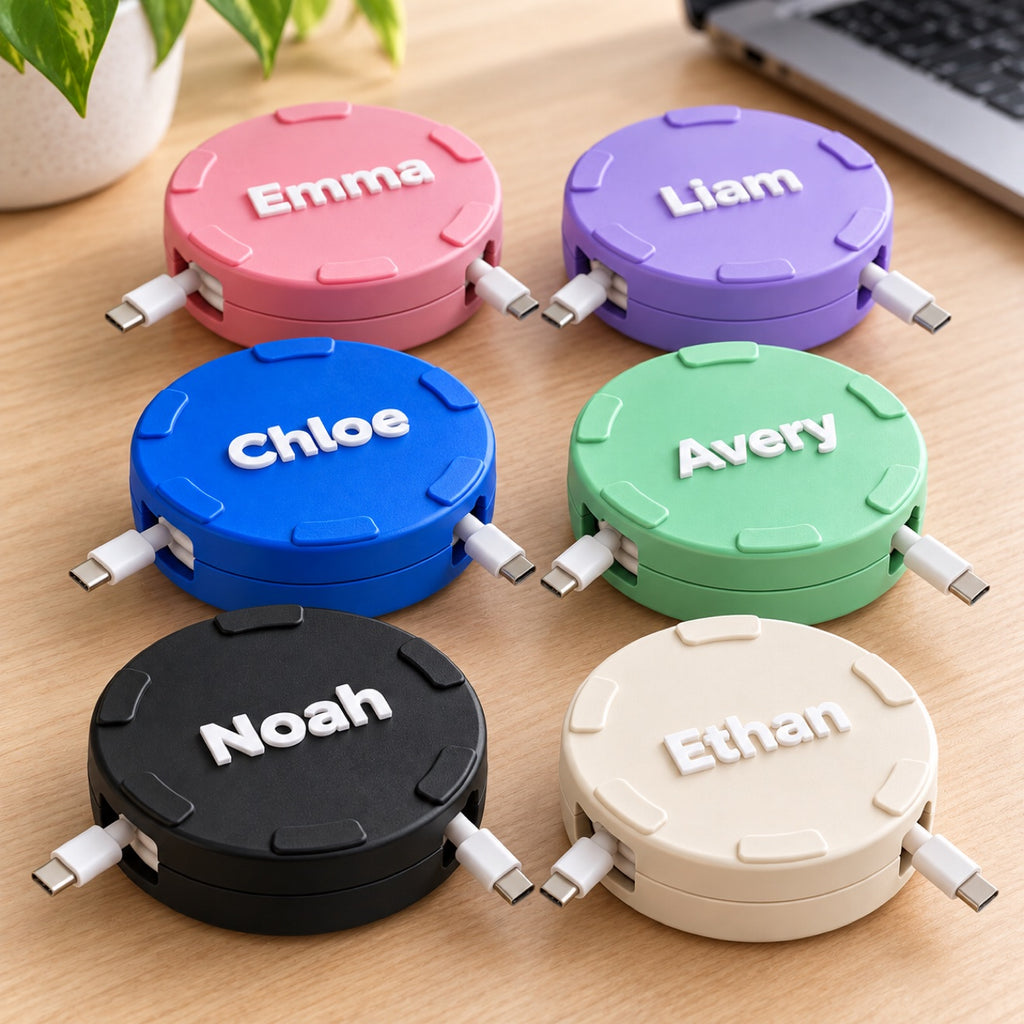 Six personalized cable spools in different colours, each embossed with a name