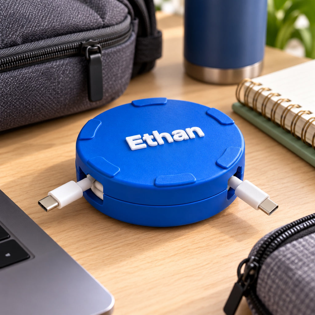 Personalized cable spool with the name Ethan on a desk beside a backpack, for school, work and travel