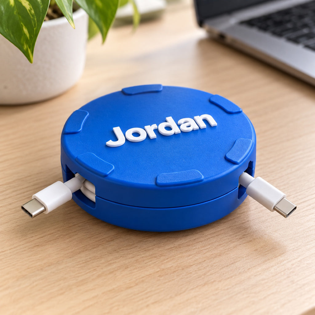 Close-up of the personalized cable spool with the name Jordan, both cable ends visible
