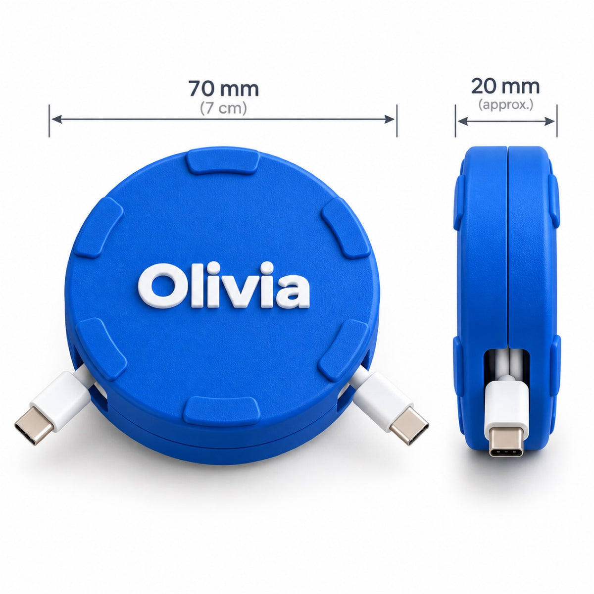 Size infographic: the personalized cable spool is approximately 70 mm wide