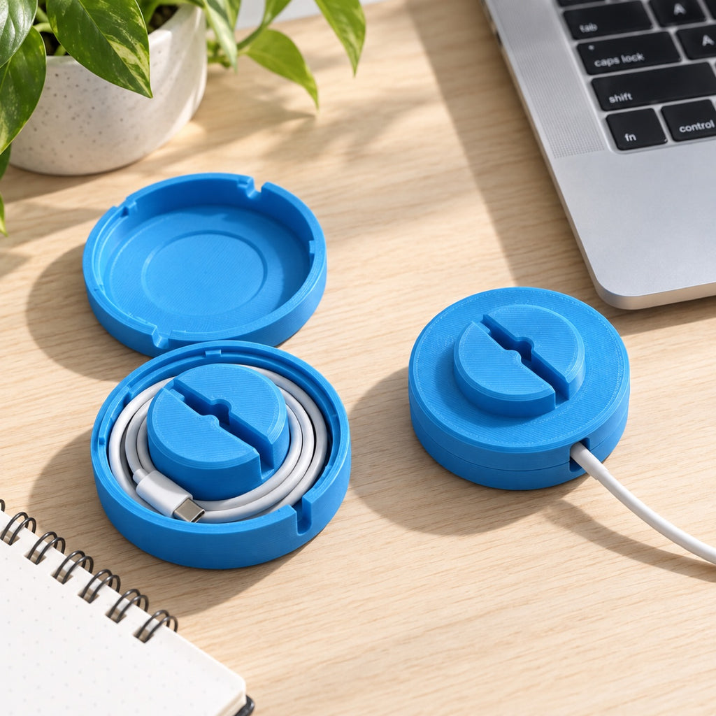 Blue personalized cable spool, open and closed, on a desk